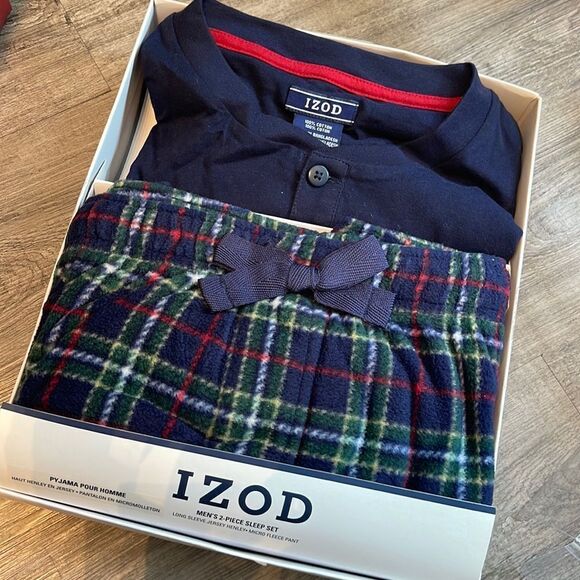 Izod Fleece Pants & Jersey Tee Pajama Set L Navy - Picture 1 of 3
